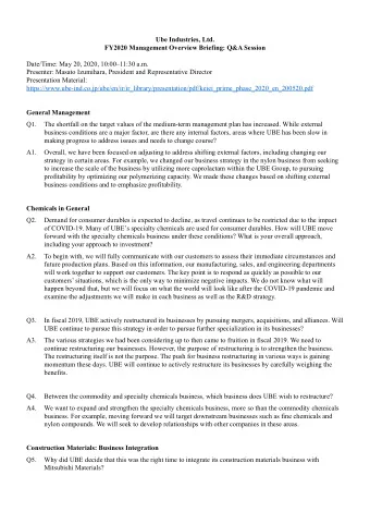 Ube Industries, Ltd.  FY2020 Management Overview Briefing: Q&amp;A Session  Date/Time: May 20,