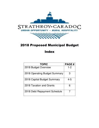 2018 Proposed Municipal Budget  Index  TOPIC  PAGE #  2018 Budget Overview  1-2  2018 Operating