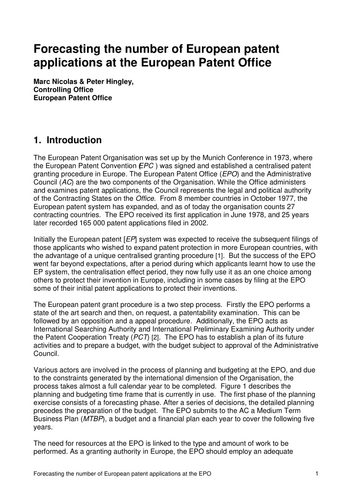 forecasting the number of european patent applications at