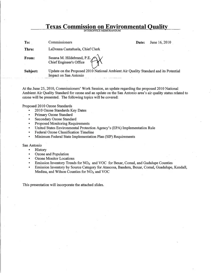 proposed 2010 ozone standards and an update on the san
