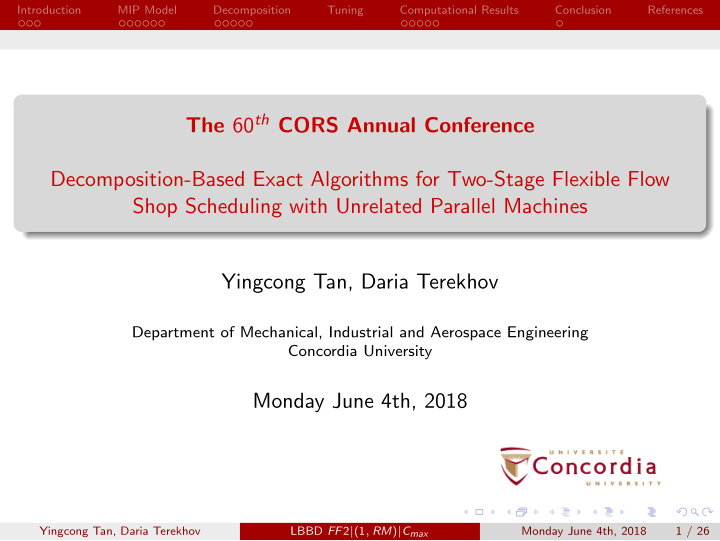 the 60 th cors annual conference decomposition based