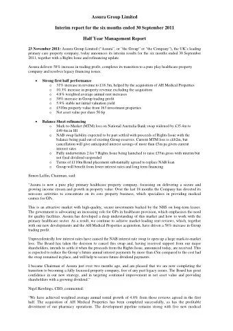 Assura Group Limited Interim report for the six months ended 30 September 2011 Half Year Management