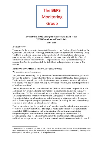 The BEPS  Monitoring  Group  Presentation to the Enlarged Framework on BEPS of the  OECD Committee