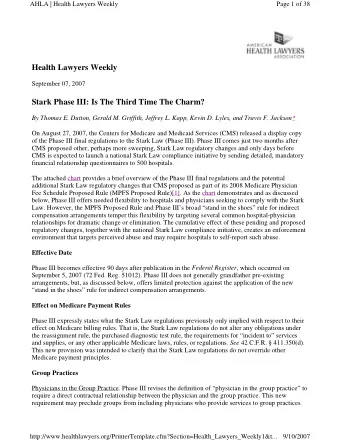 Health Lawyers Weekly  September 07, 2007  Stark Phase III: Is The Third Time The Charm? By Thomas