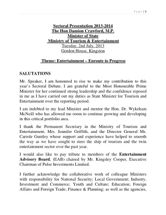 Sectoral Presentation 2013-2014  The Hon Damion Crawford, M.P.  Minister of State  Ministry of