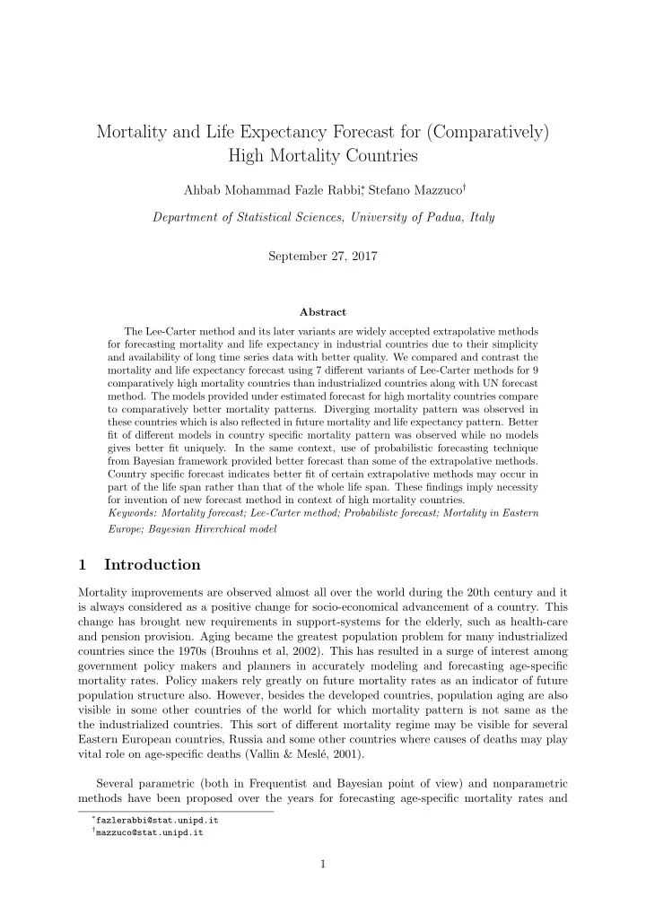mortality and life expectancy forecast for comparatively