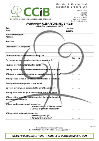 FARM MOTOR FLEET REQUESTED BY CCIB  66 Derby Road, Longridge, Preston, PR3 3FE  Date:  Due Date: