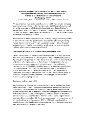 Multilateral negotiations on nuclear disarmament  ways forward:  Sharing experiences and views
