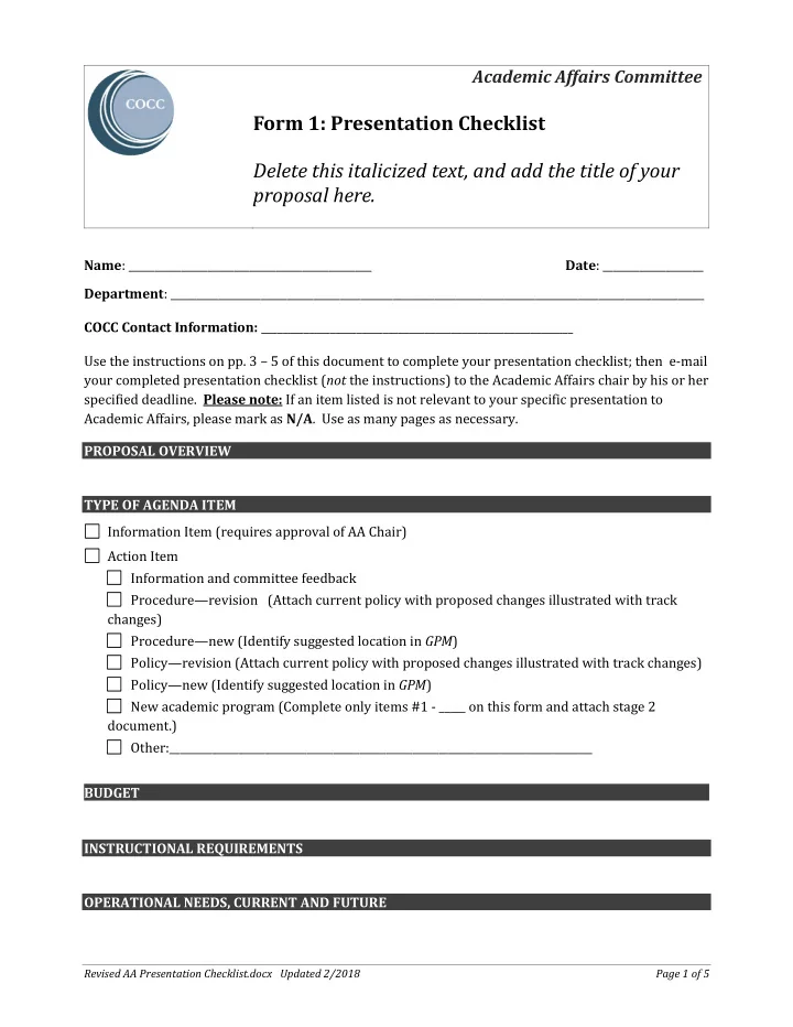 form 1 presentation checklist delete this italicized text