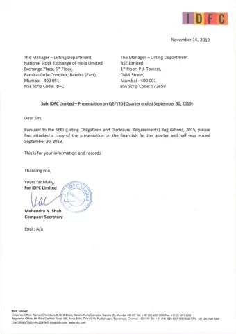 IDFC LIMITED  CONSOLIDATED  INVESTOR PRESENTATION  NOVEMBER 08, 2019  IN  INDEX  1. IDFC