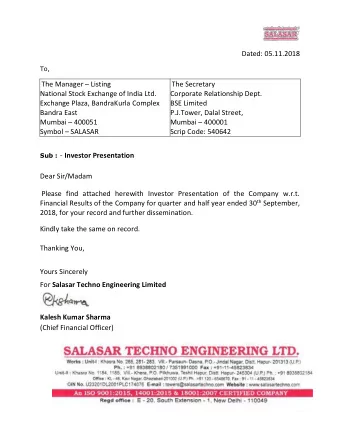 Dated: 05.11.2018  To, The Manager  Listing  The Secretary  National Stock Exchange of India