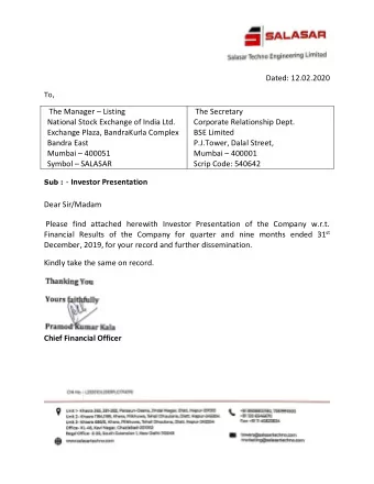 Dated: 12.02.2020  To, The Manager  Listing  The Secretary  National Stock Exchange of India