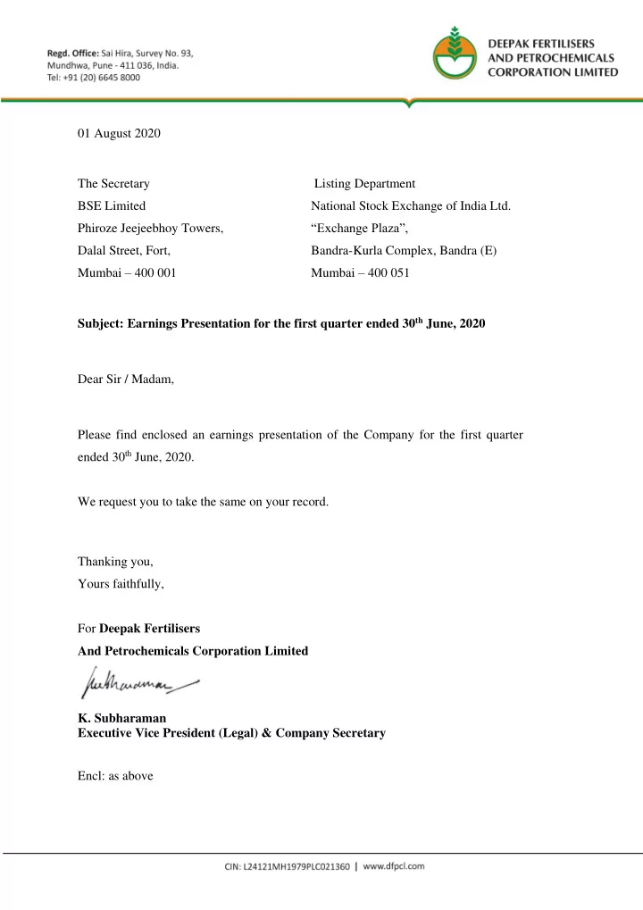 01 august 2020 the secretary listing department bse