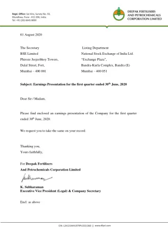 01 August 2020  The Secretary  Listing Department  BSE Limited  National Stock Exchange of India