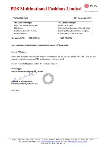 PDS Multinational Fashions Limited  PDS/SE/2019-20/18 03 rd September, 2019 The General Manager,