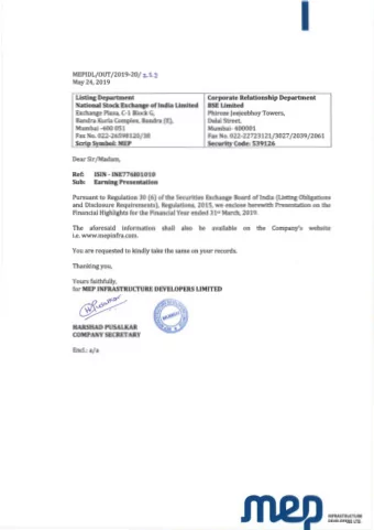 I MEPIDL/OUT/2019-20/ 2.3 ,9 May 24, 2019 Listing Department Corporate Relationship Department