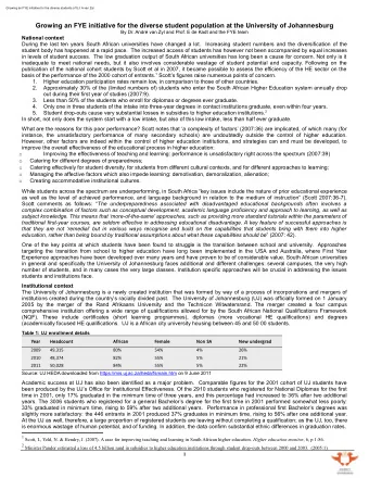Growing an FYE initiative for the diverse student population at the University of Johannesburg  By