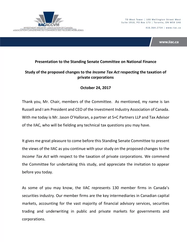 presentation to the standing senate committee on national