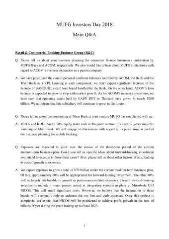 MUFG Investors Day 2018  Main Q&amp;A  Retail &amp; Commercial Banking Business Group (R&amp;C)  Q: