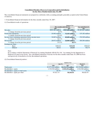Consolidated Results of Kyocera Corporation and its Subsidiaries for the Three Months Ended June