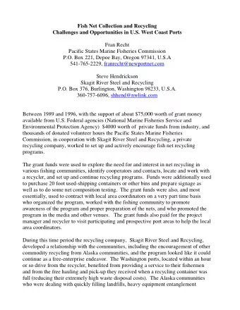 Fish Net Collection and Recycling  Challenges and Opportunities in U.S. West Coast Ports  Fran