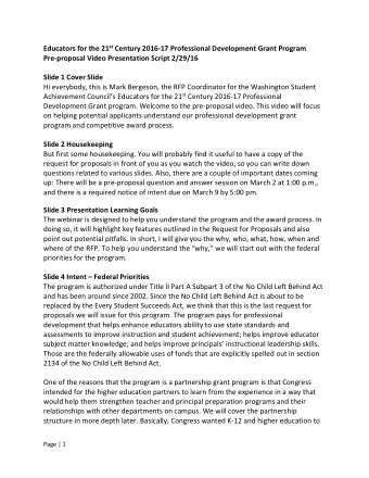 Educators for the 21 st Century 2016-17 Professional Development Grant Program  Pre-proposal Video