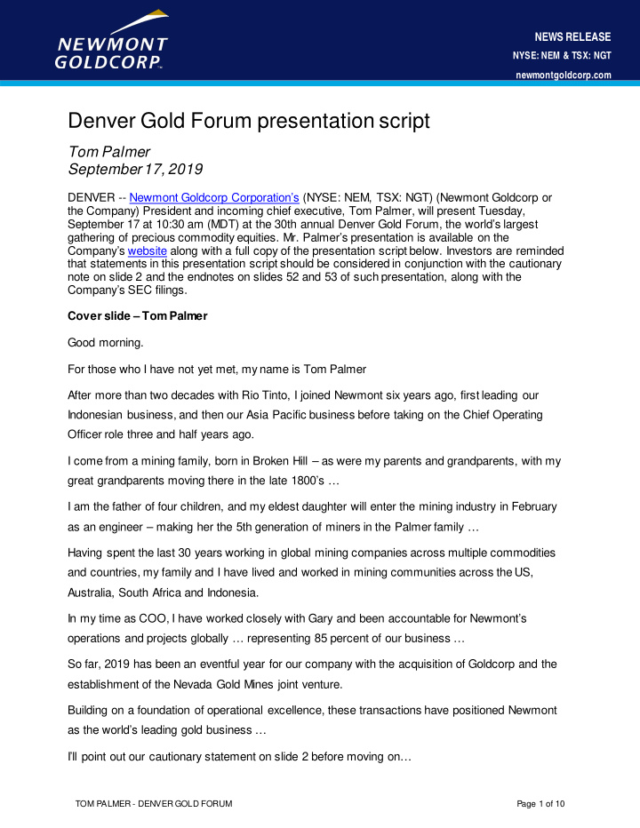 denver gold forum presentation script