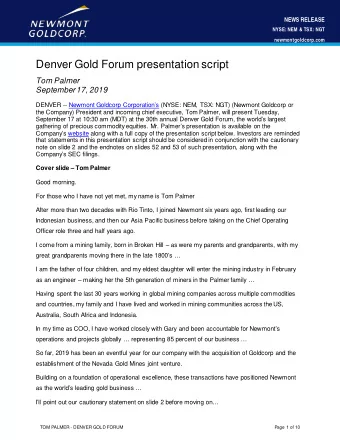 Denver Gold Forum presentation script  Tom Palmer  September 17, 2019  DENVER -- Newmont Goldcorp
