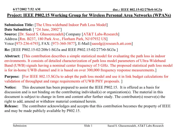 project ieee p802 15 working group for wireless personal