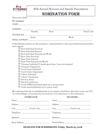 NOMINATION FORM Please print clearly.  We nominate:  NAME