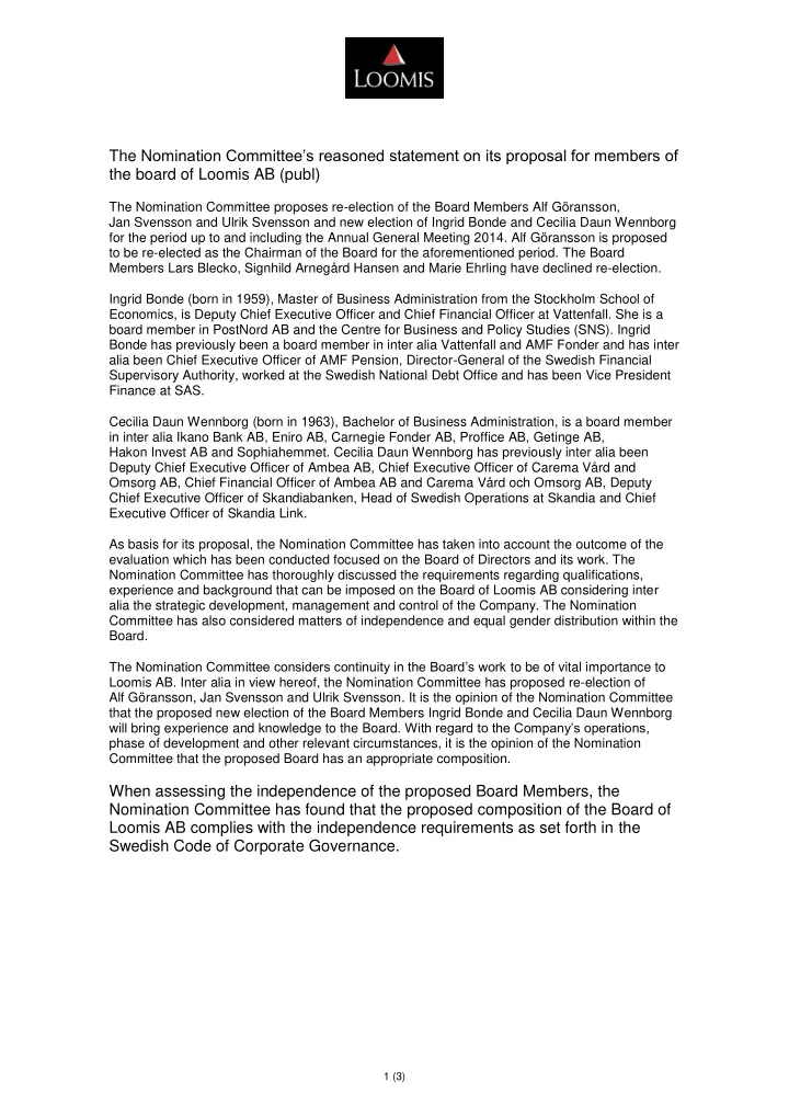 the n omination committee s reasoned statement on its