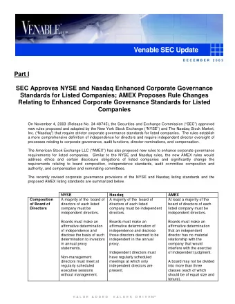 Venable SEC Update  D E C E M B E R  2 0 0 3  Part I  SEC Approves NYSE and Nasdaq Enhanced