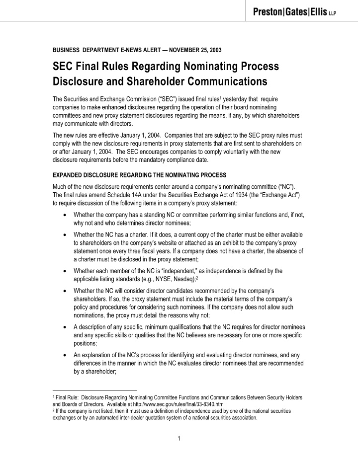 sec final rules regarding nominating process disclosure