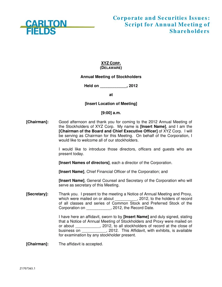 corporate and securities issues script for annual meeting