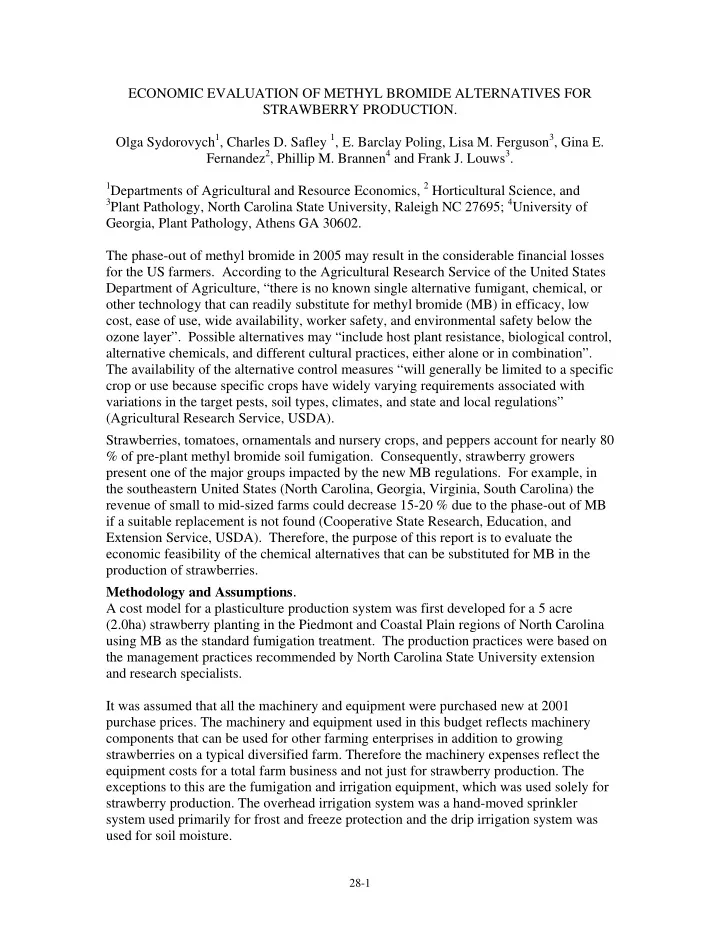 economic evaluation of methyl bromide alternatives for