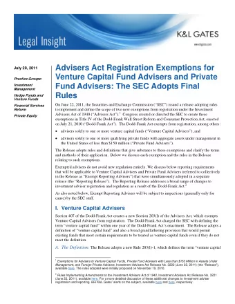 Advisers Act Registration Exemptions for July 20 , 2011  Venture Capital Fund Advisers and Private