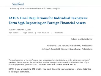 FATCA Final Regulations for Individual Taxpayers:  Form 8938 Reporting on Foreign Financial Assets