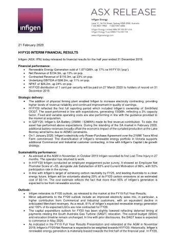 21 February 2020  H1FY20 INTERIM FINANCIAL RESULTS  Infigen (ASX: IFN) today released its financial