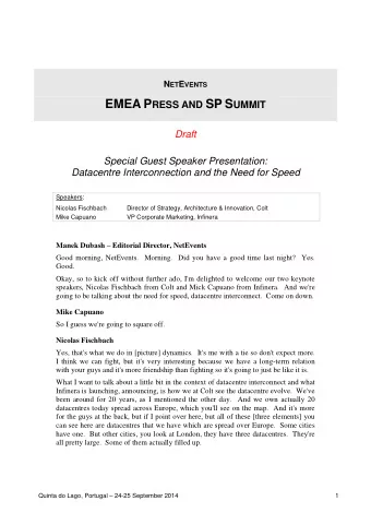 EMEA P RESS AND SP S UMMIT  Draft  Special Guest Speaker Presentation:  Datacentre Interconnection