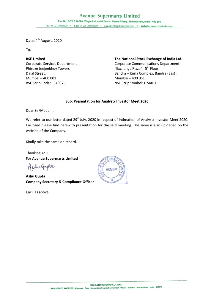 date 4 th august 2020 to bse limited the national stock
