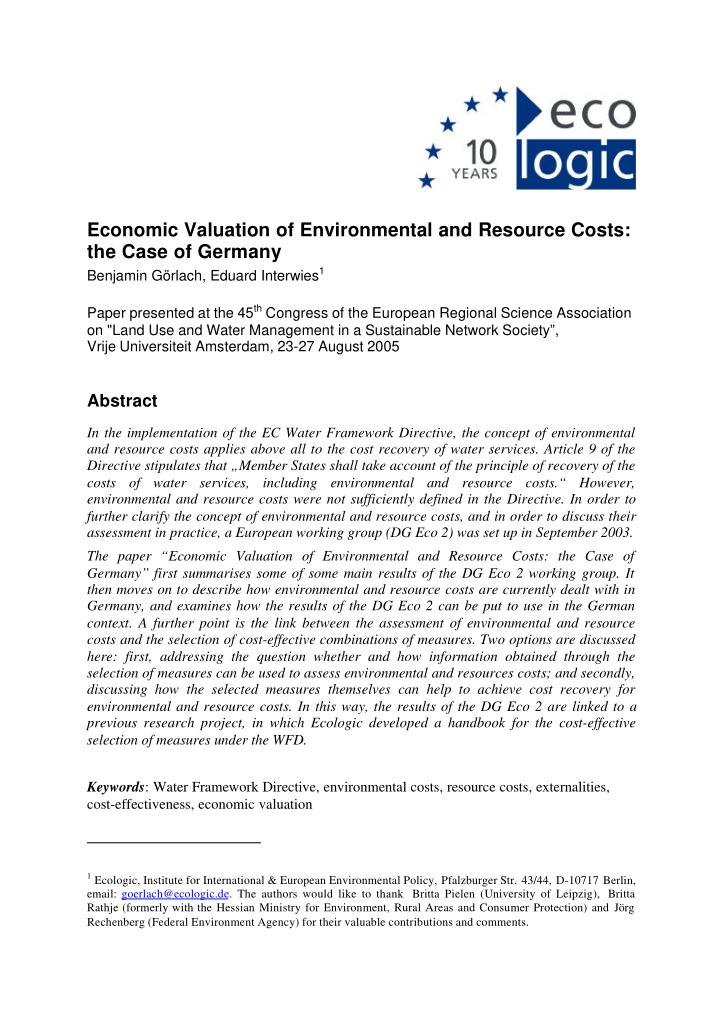 economic valuation of environmental and resource costs