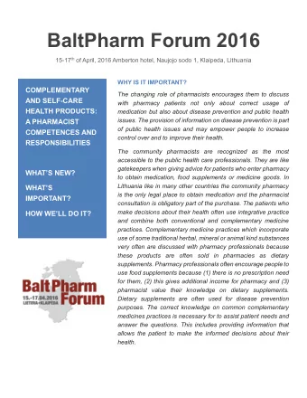 BaltPharm Forum 2016 15-17 th of April, 2016 Amberton hotel, Naujojo sodo 1, Klaipeda, Lithuania