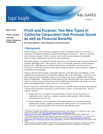 Profit and Purpose: Two New Types of  April 3, 2012  California Corporation that Promote Social