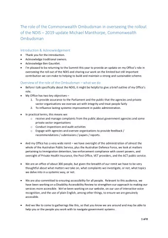 The role of the Commonwealth Ombudsman in overseeing the rollout of the NDIS  2019 update