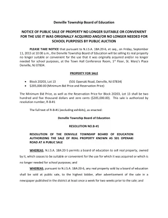 Denville Township Board of Education  NOTICE OF PUBLIC SALE OF PROPERTY NO LONGER SUITABLE OR