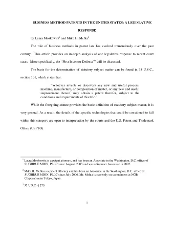 BUSINESS METHOD PATENTS IN THE UNITED STATES: A LEGISLATIVE  RESPONSE by Laura Moskowitz 1 and Miku