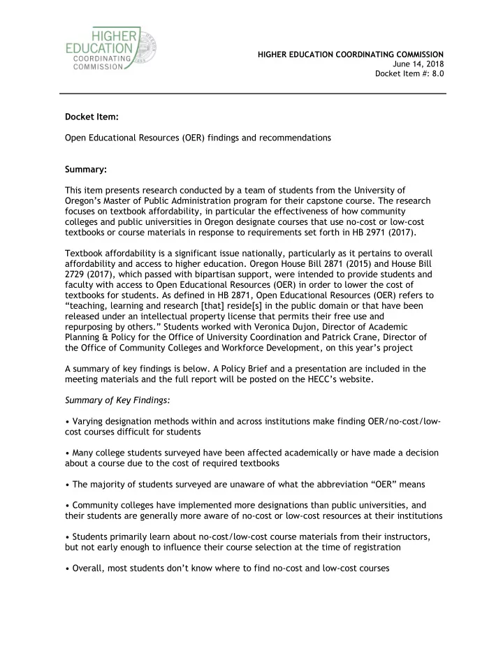 docket item open educational resources oer findings and