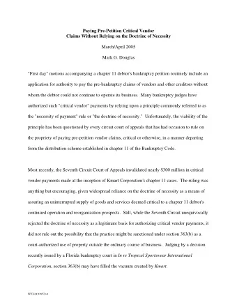 Paying Pre-Petition Critical Vendor  Claims Without Relying on the Doctrine of Necessity