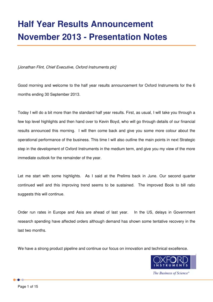 half year results announcement november 2013 presentation