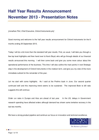 Half Year Results Announcement  November 2013 - Presentation Notes  [Jonathan Flint, Chief